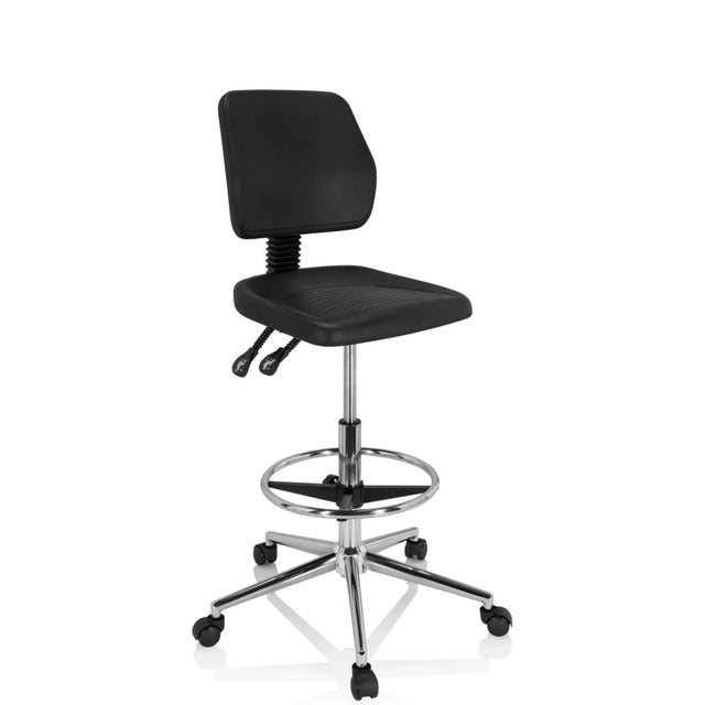 Silla de mostrador TOP WORK 11 I negra con reposapiés y base estrellada cromada con ruedas de hjh OFFICE
