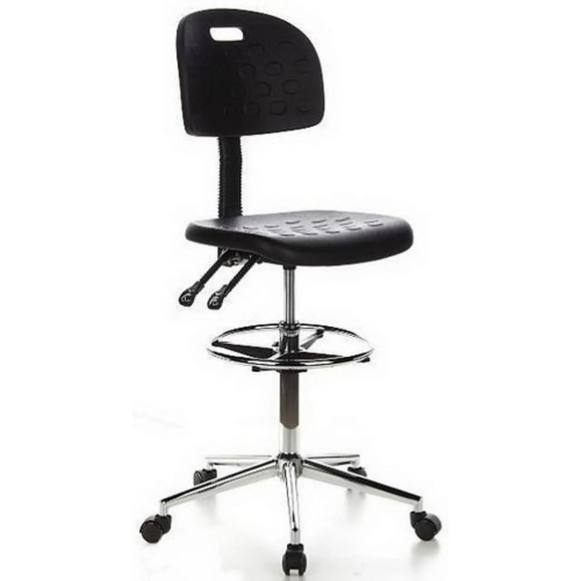 Silla de mostrador TOP WORK 23 negra con reposapiés y base en estrella cromada con ruedas de hjh OFFICE
