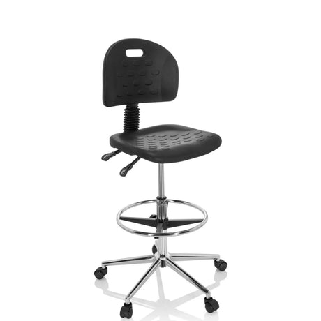 Silla de mostrador TOP WORK 23 I negra con reposapiés, respaldo y estructura cromada con ruedas de hjh OFFICE