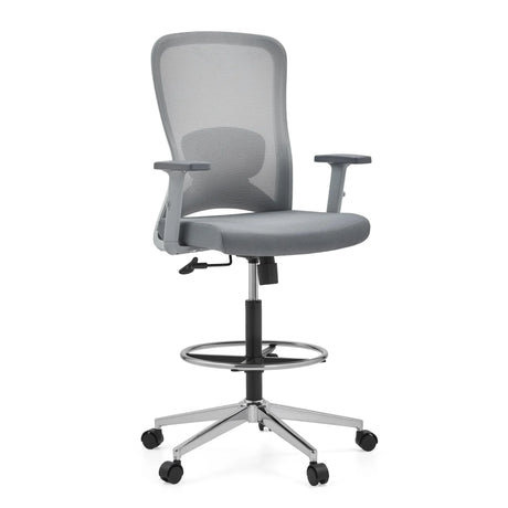 Silla de mostrador Top Work 44 W gris con respaldo de malla, aro reposapiés y base con ruedas de hjh OFFICE