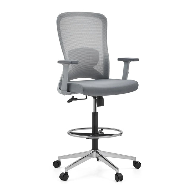 Silla de mostrador Top Work 44 W gris con respaldo de malla, aro reposapiés y base con ruedas de hjh OFFICE