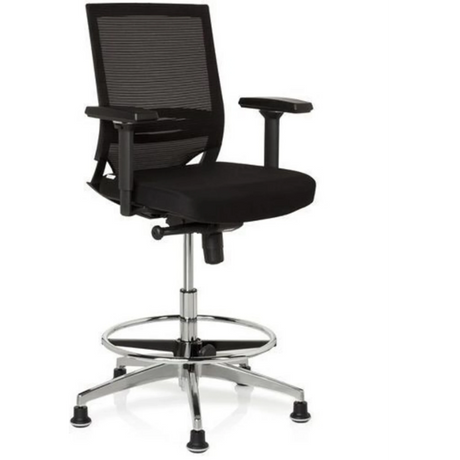 Schwarzer Counterstuhl TOP WORK 77 mit Netzrückenlehne, Fußring und glänzendem Metallgestell von hjh OFFICE