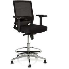 Silla de mostrador TOP WORK 77 negra con respaldo de malla, reposapiés y estructura metálica brillante de hjh OFFICE