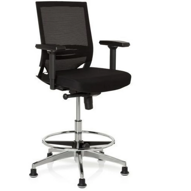 Silla de mostrador TOP WORK 77 negra con respaldo de malla, reposapiés y estructura metálica brillante de hjh OFFICE