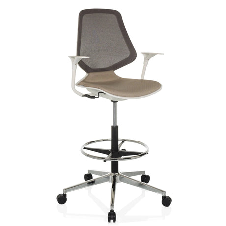 Silla de mostrador TOP WORK STYLE beige con respaldo de malla y aro reposapiés sobre ruedas de hjh OFFICE