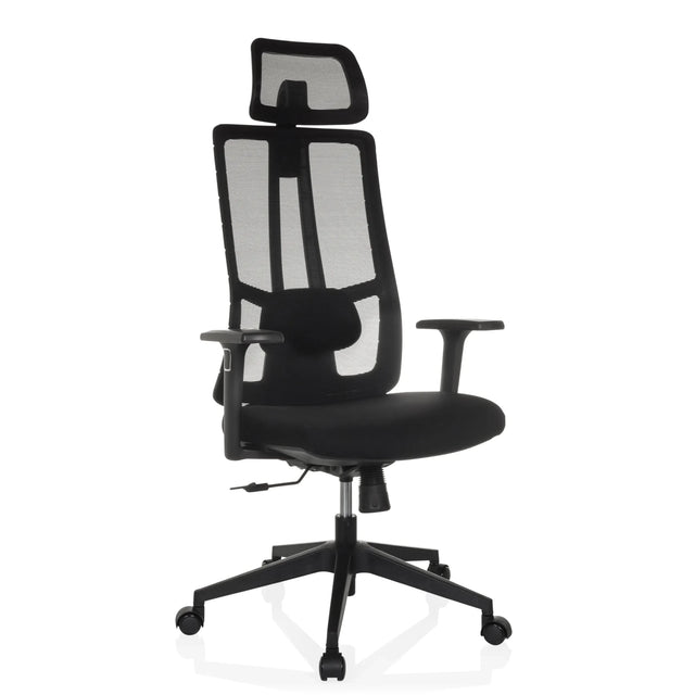 Silla de oficina profesional TRAMORE negra con respaldo de malla, reposacabezas y reposabrazos de hjh OFFICE