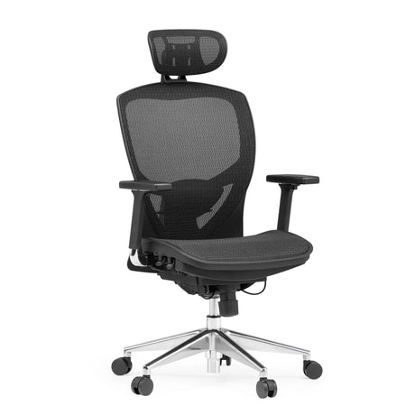 Silla alta gama VENUS ONE con malla negra, reposacabezas y base plateada de hjh OFFICE
