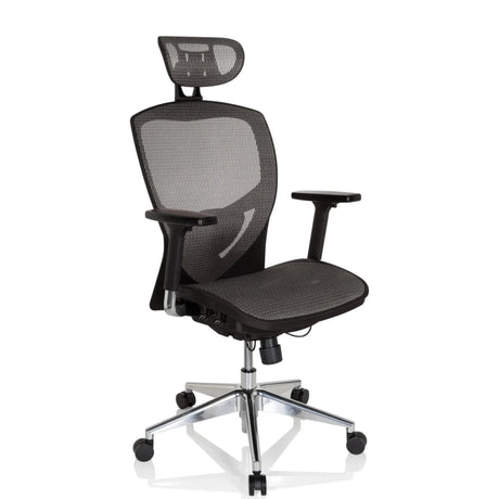 Silla alta gama VENUS ONE en negro y gris plateado con malla y reposacabezas de hjh OFFICE