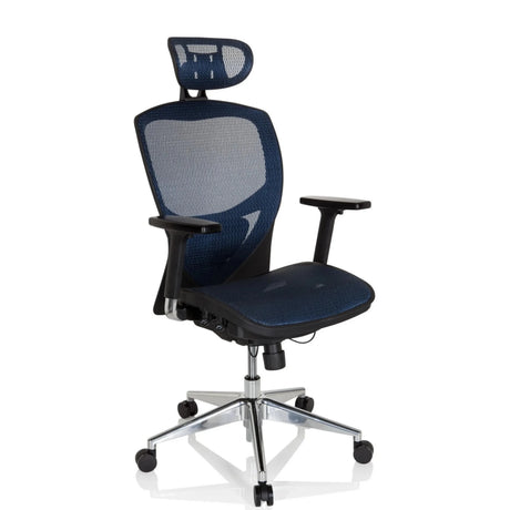 Silla alta gama VENUS ONE con malla azul, reposacabezas y base plateada de hjh OFFICE