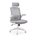 Silla Home Office Vertuflex en gris con respaldo de malla, reposacabezas y estructura blanca de MyBuero