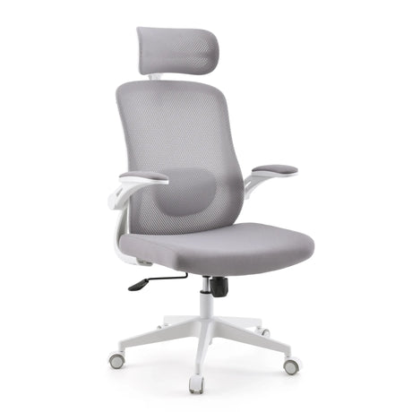 Silla Home Office Vertuflex en gris con respaldo de malla, reposacabezas y estructura blanca de MyBuero