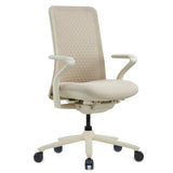 Silla alta gama VERVIO en color beige con respaldo de malla y base con ruedas de hjh OFFICE
