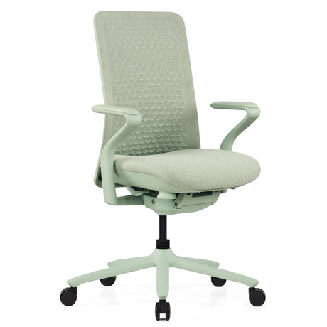 Silla alta gama VERVIO en verde salvia con respaldo de malla y reposabrazos de hjh OFFICE