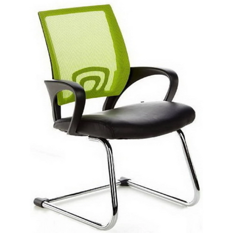 Silla de viga voladiza VISTO NET V con respaldo de malla verde, asiento acolchado negro y base de patines de hjh OFFICE