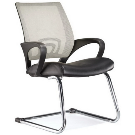 Silla de viga voladiza VISTO NET V con respaldo de malla gris, asiento negro y estructura cromada de hjh OFFICE