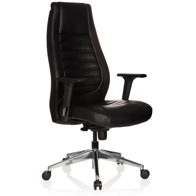 Sillón de oficina profesional VITORO negro con revestimiento de cuero, reposabrazos y base de estrella cromada de hjh OFFICE