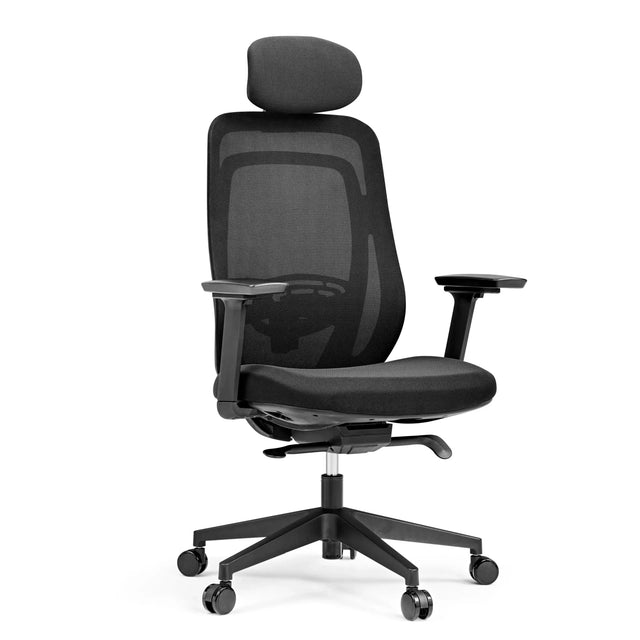 Silla de oficina profesional Vivadapt negra con respaldo de malla, reposacabezas y reposabrazos de hjh OFFICE