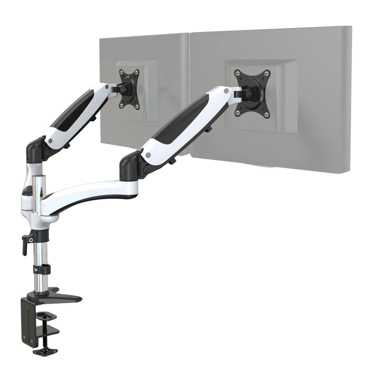 Soporte de monitor VM-MG2 en blanco-negro para dos pantallas con fijación a mesa de hjh OFFICE