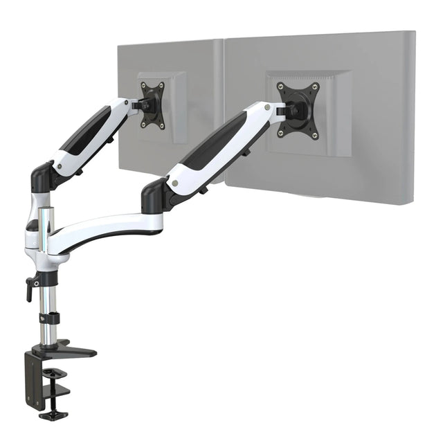 Soporte de monitor VM-MG2 en blanco-negro para dos pantallas con fijación a mesa de hjh OFFICE