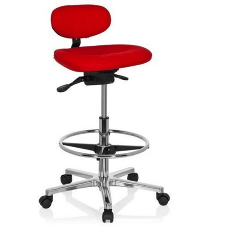 Silla de mostrador WORK MF roja con estructura de cromo brillante, reposapiés y ruedas de hjh OFFICE