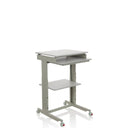 Escritorio de pie WORKSTATION gris con bandeja para teclado, un estante y ruedas de hjh OFFICE