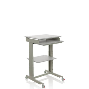 Escritorio de pie WORKSTATION gris con bandeja para teclado, un estante y ruedas de hjh OFFICE