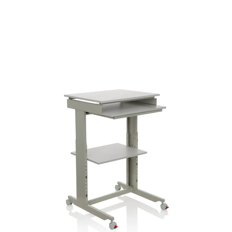 Escritorio de pie WORKSTATION gris con bandeja para teclado, un estante y ruedas de hjh OFFICE