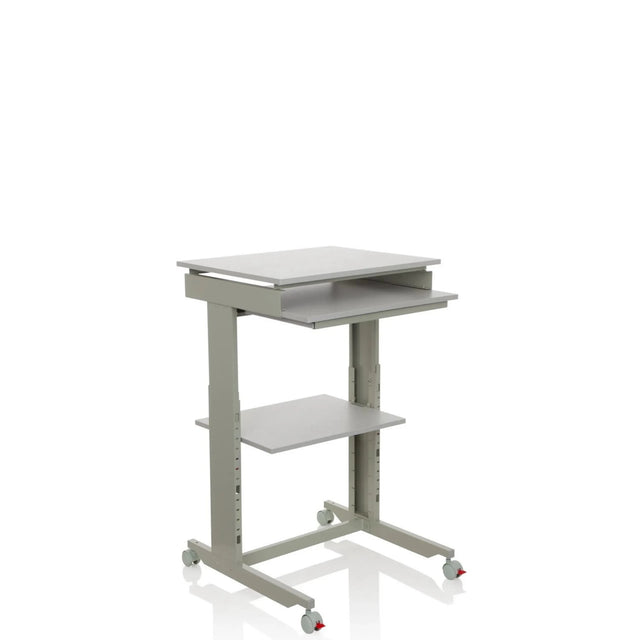 Escritorio de pie WORKSTATION gris con bandeja para teclado, un estante y ruedas de hjh OFFICE