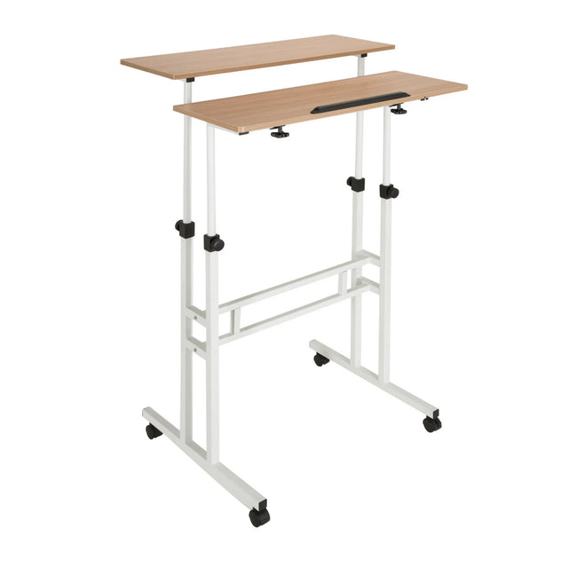 escritorio de pie WORKSTATION I en blanco y roble con dos superficies de trabajo y ruedas de hjh OFFICE