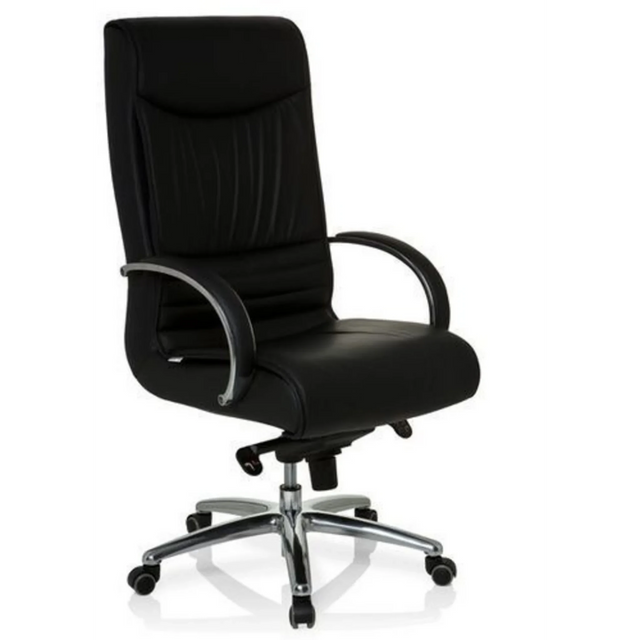 Silla giratoria XXL F 400 con tapicería de cuero negro y base cromada de hjh OFFICE